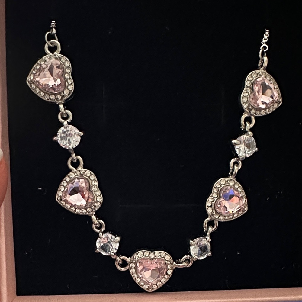 Pink Heart Crystal Station Bracelet- Women Jewelry